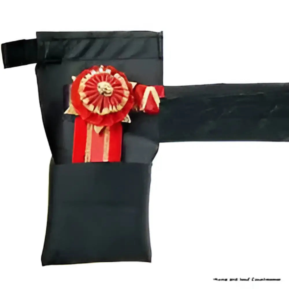 Black fabric showquest browband envelope pouch with red and gold ribbon rosette on front for browband storage