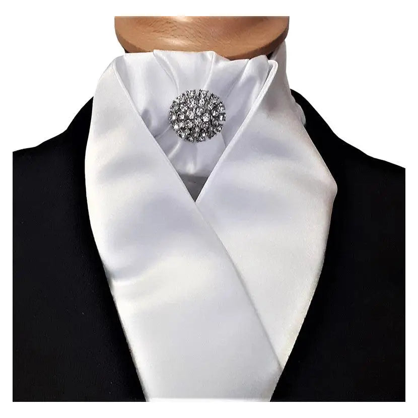 A sparkling silver rhinestone brooch on a white special quality satin showquest charisma stock ready-tied stock