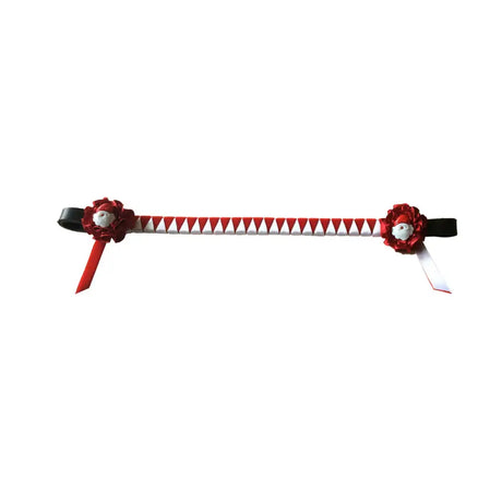 Showquest christmas browband featuring a red and white triangular-patterned leather plaited belt with red fabric roses and black ends