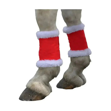 Red nylon padded showquest christmas leg wraps with bells and white fluffy trim for festive horse styling