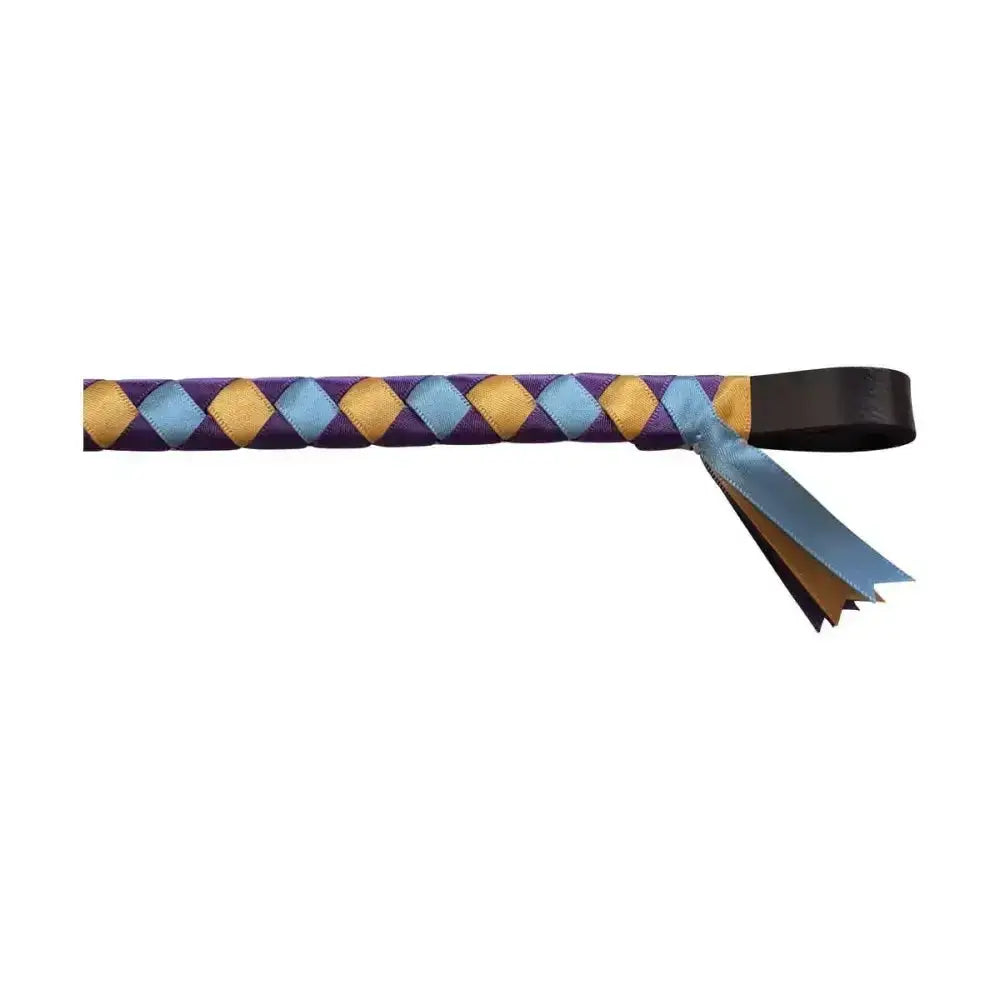 Showquest epson brow band with purple and gold diamond-patterned braided leather and black handle with ribbon tails
