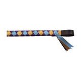Showquest epson brow band with purple and gold diamond-patterned braided leather and black handle with ribbon tails