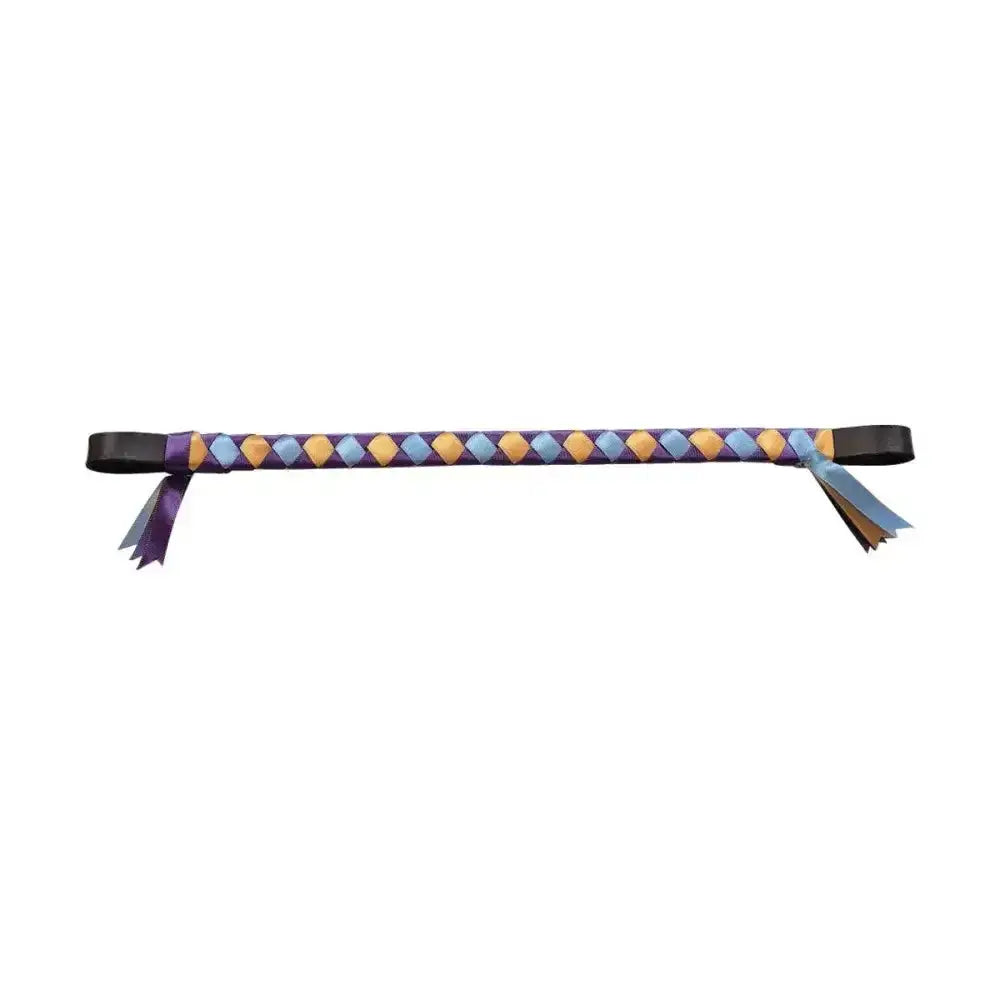 ShowQuest Epson brow band braided leather horse whip in purple and gold with black ends and decorative ribbons