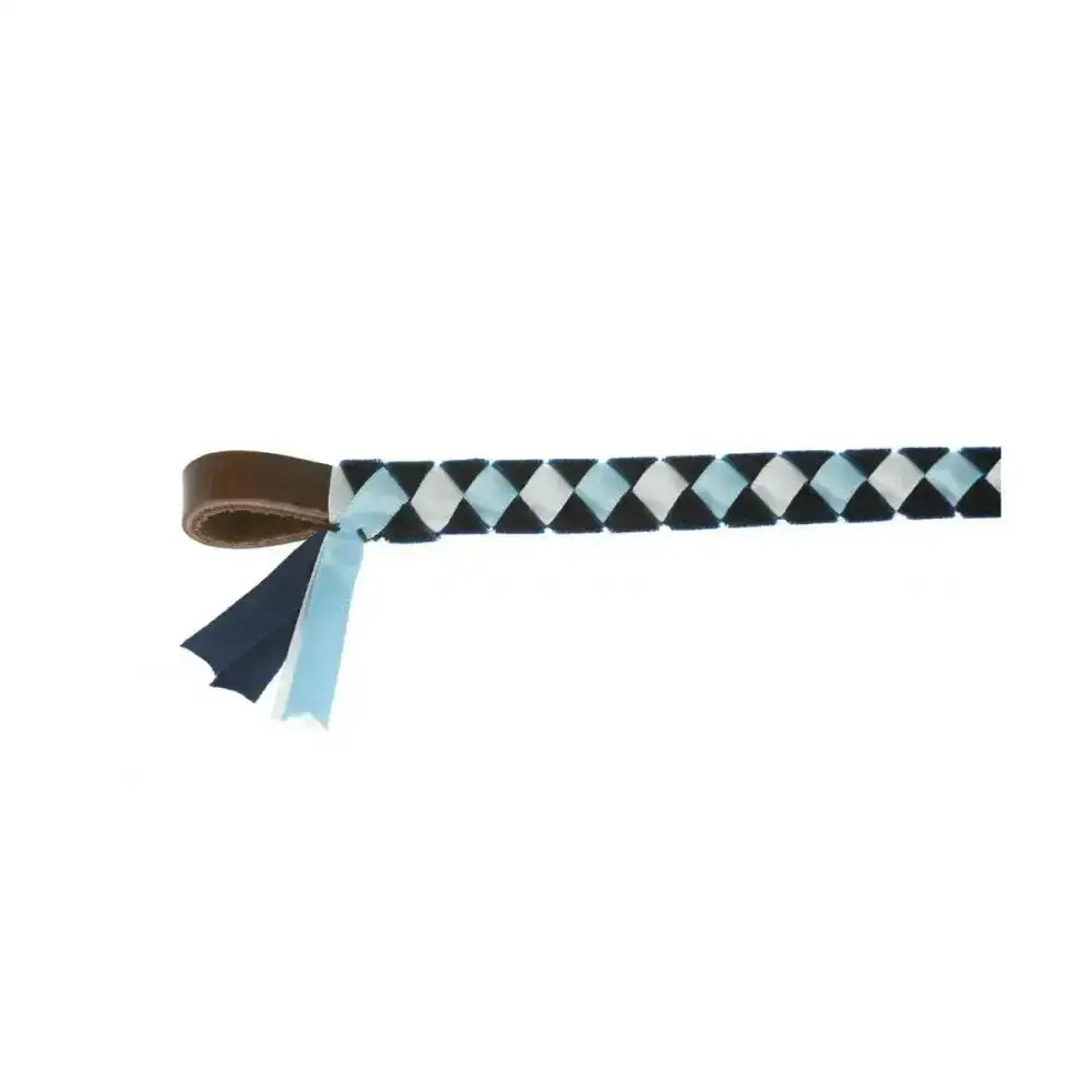 A showquest epson brow band braided horse whip with black and light blue diamond pattern and brown leather handle