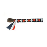 Showquest epson brow band hand-plaited leather whip with red white black diamond pattern and brown handle tassel