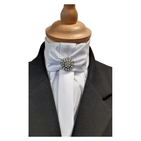 White satin showquest esteem stock single pleated tie with a sparkling silver rhinestone brooch