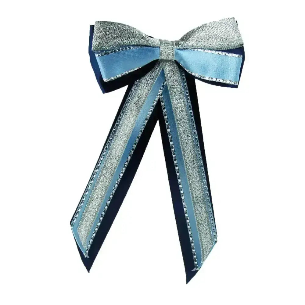 A shimmering silver and light blue satin showquest hairbow with beaded edges for a finishing showring touch