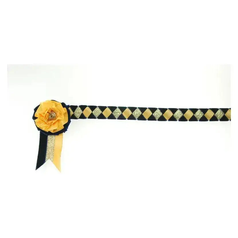Showquest newport brow band with black and gold diamond pattern, yellow fabric flower, and matching ribbon, individually hand-plaited