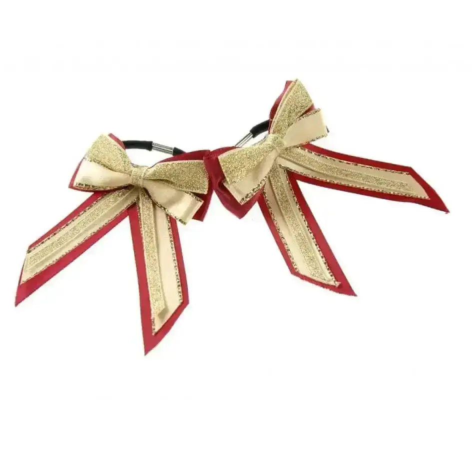 Showquest piggy bow red and gold glittery cheerleading bow with black elastic band for a finishing showring touch