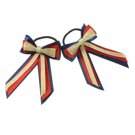 Showquest piggy bow red white and blue cheer hair ties with gold glitter accents for a finishing showring touch