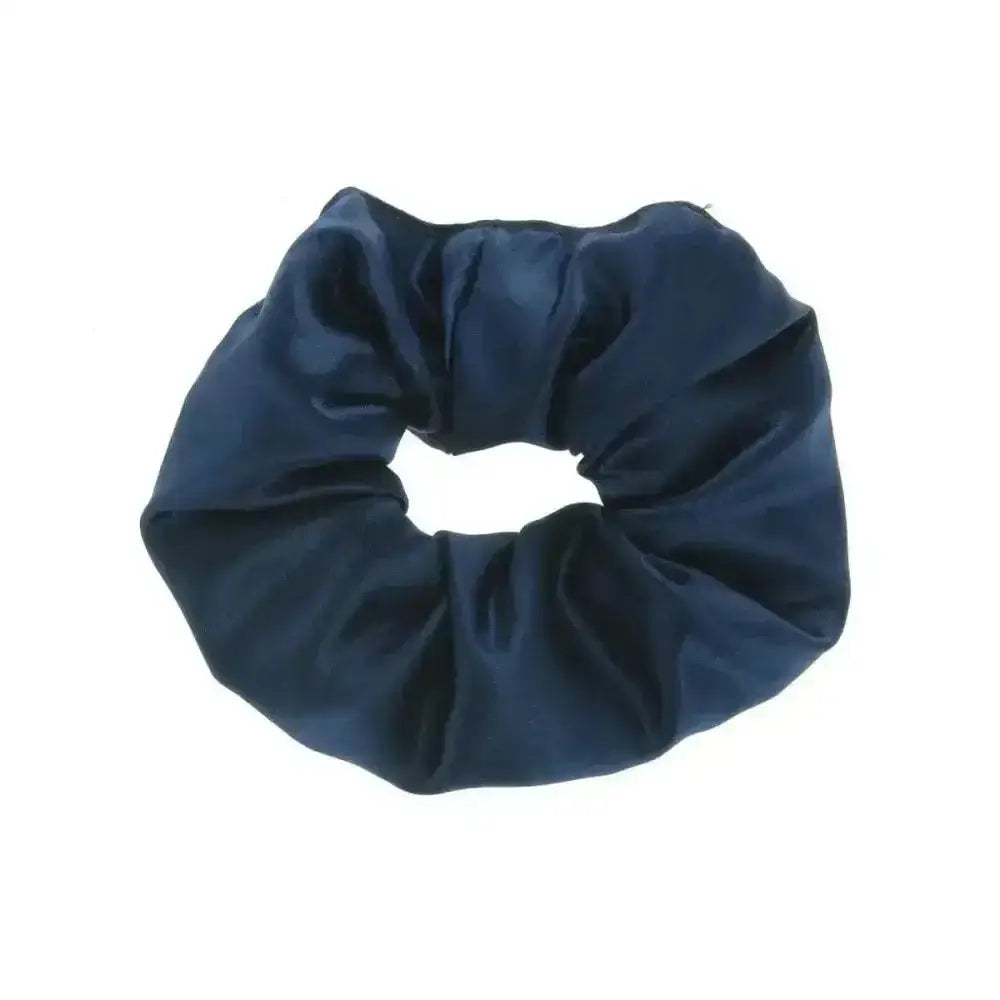 Showquest plain scrunchie navy blue polyester duchess satin hair scrunchies with smooth glossy finish and gathered texture