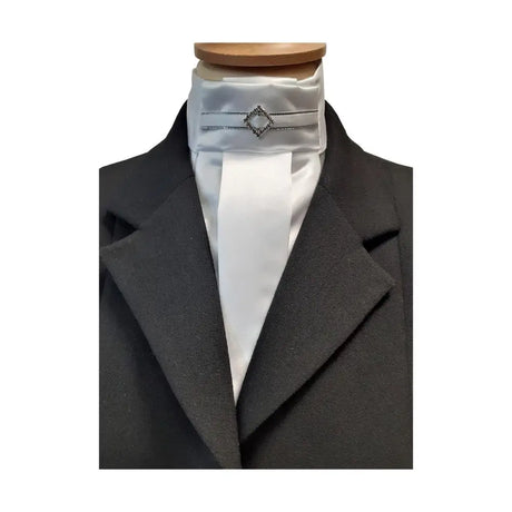 White satin showquest regency stock cravat with diamond embellishment silver trim and special quality satin finish