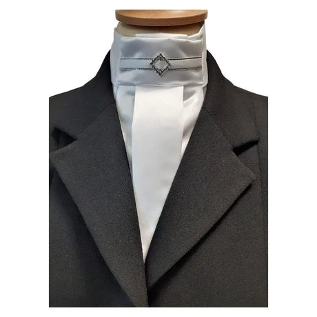 White satin showquest regency stock single pleated tie with silver trim and sparkling diamond brooch in special quality satin