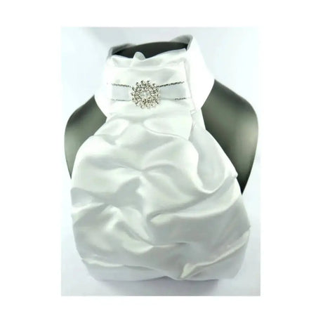 White satin dog coat with sparkling crystal brooch at neckline from showquest regency v ready tied stocks