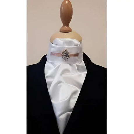 White satin cravat with silver ornate brooch and rose gold fittings from showquest regency vi rose gold stock