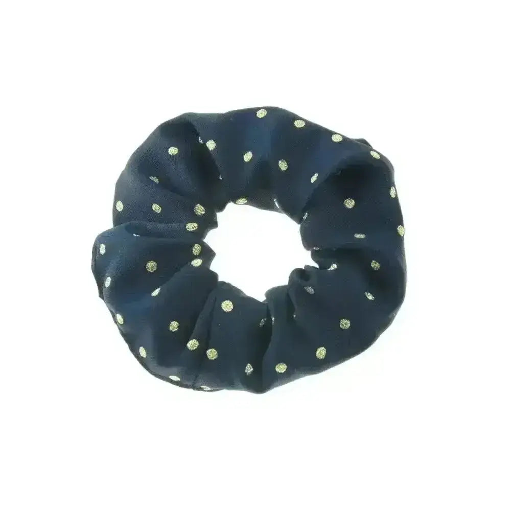 Navy blue showquest scrunchie lurex spot with small gold polka dots made from shiny lurex fabric