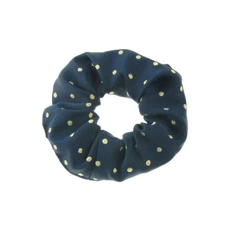 Navy blue showquest scrunchie lurex spot with gold polka dots made from shiny lurex fabric for stylish hair styling