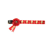 Showquest skipton brow band featuring a red ribbon braided with gold diamonds and adorned with exquisite rosettes bow