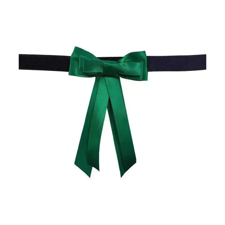 Emerald green satin showquest tail bow with black elastic strap and hook & loop loop fastening for easy wear