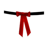 A sleek black showquest tail bow belt with a vibrant red satin bow and hook & loop loop fastening