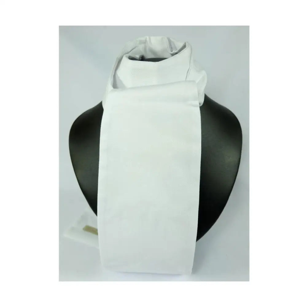 White satin showquest tied classic stock draped on black mannequin bust lightweight ready tied riding stock
