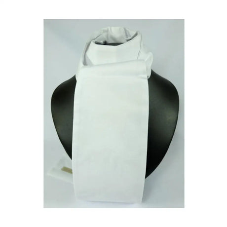 White satin showquest tied classic stock draped on black mannequin bust lightweight ready tied riding stock