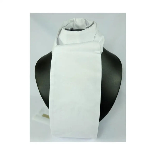 White satin showquest tied classic stock draped on black mannequin bust lightweight ready tied riding stock