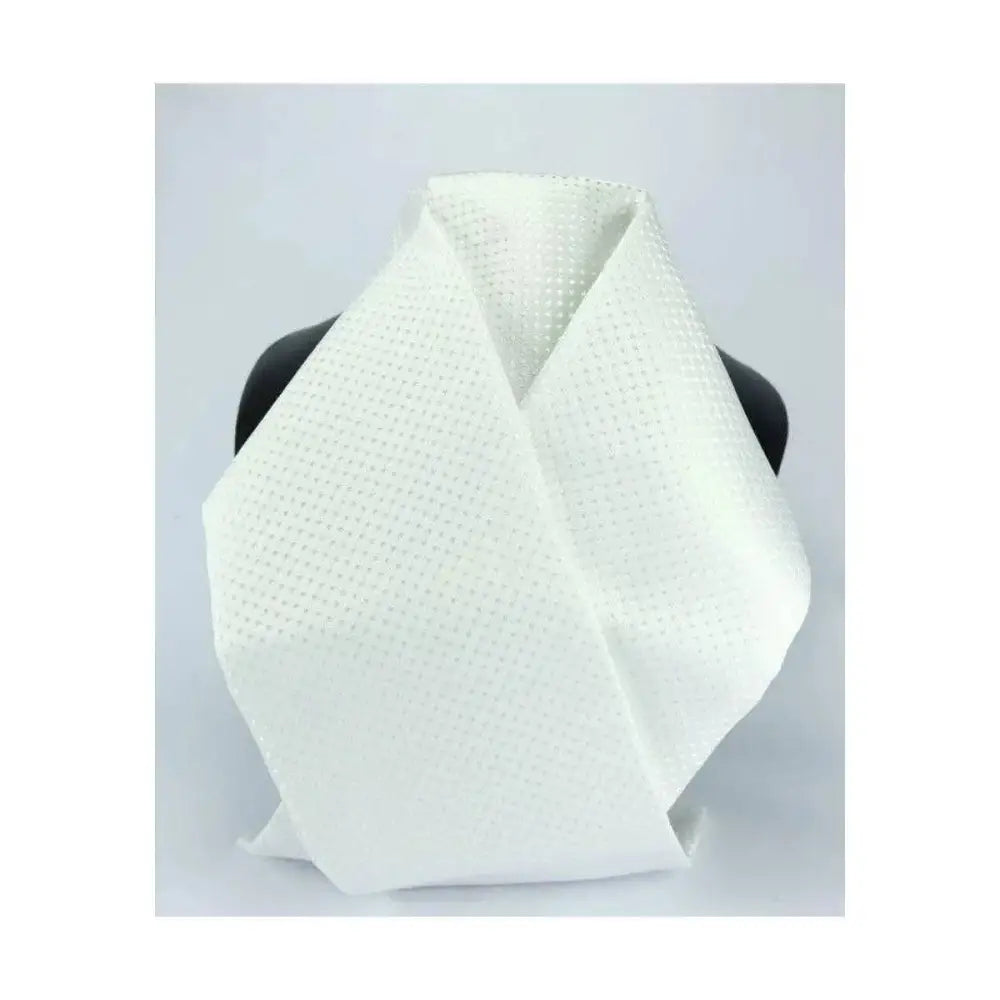 White textured jacquard woven showquest tied devises scarf looped over a mannequin neck stock