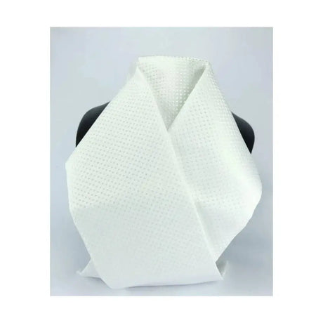 White textured jacquard woven showquest tied devises scarf looped over a mannequin neck stock