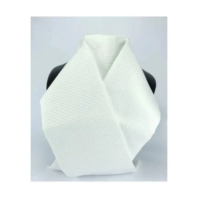 White textured jacquard woven showquest tied devises scarf looped over a mannequin neck stock