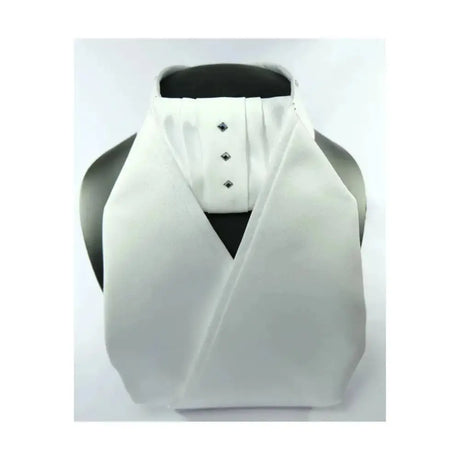 White satin showquest tied satin bib with three black diamond shaped buttons ready tied bib for dressy occasions