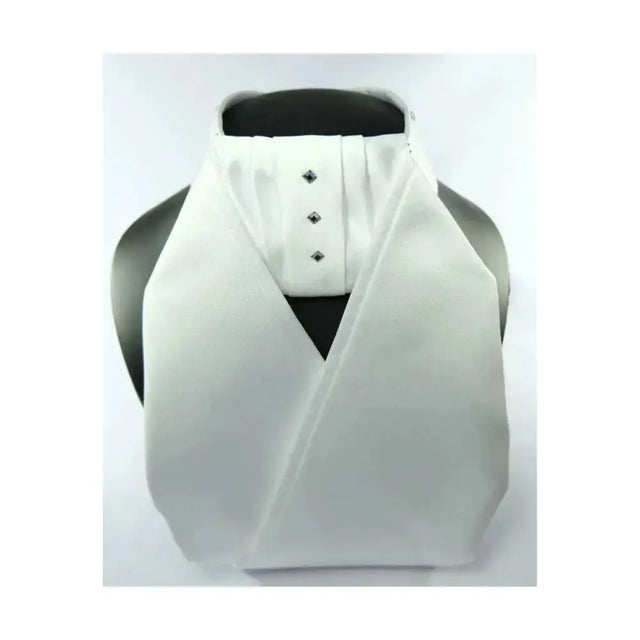 White satin showquest tied satin bib with three black diamond shaped buttons ready tied bib for dressy occasions