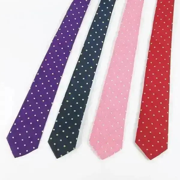 Four slim lurex spot ties by showquest in purple navy pink and red with white polka dots in metallic lurex fabrics