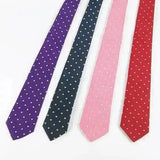 Four slim lurex spot ties by showquest in purple navy pink and red with white polka dots in metallic lurex fabrics