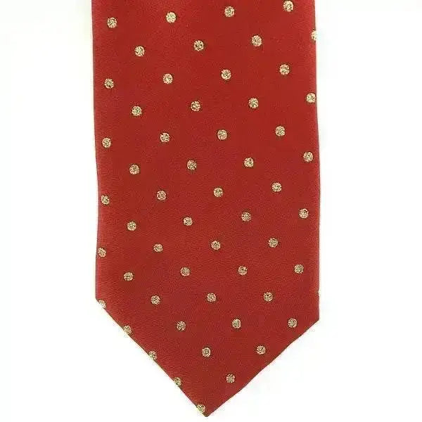 A red silk showquest ties lurex spot tie with evenly spaced gold polka dots made from metallic lurex fabrics