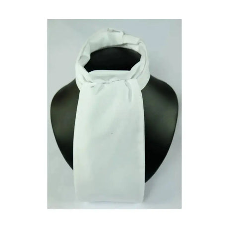 White silk untied classic stock cravat displayed on black mannequin neck by showquest untied classic tie stock made