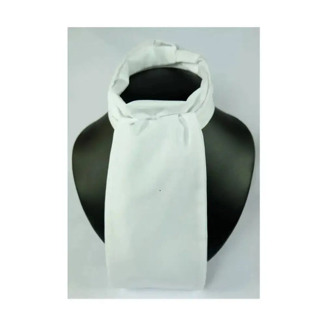 White silk untied classic stock cravat displayed on black mannequin neck by showquest untied classic tie stock made