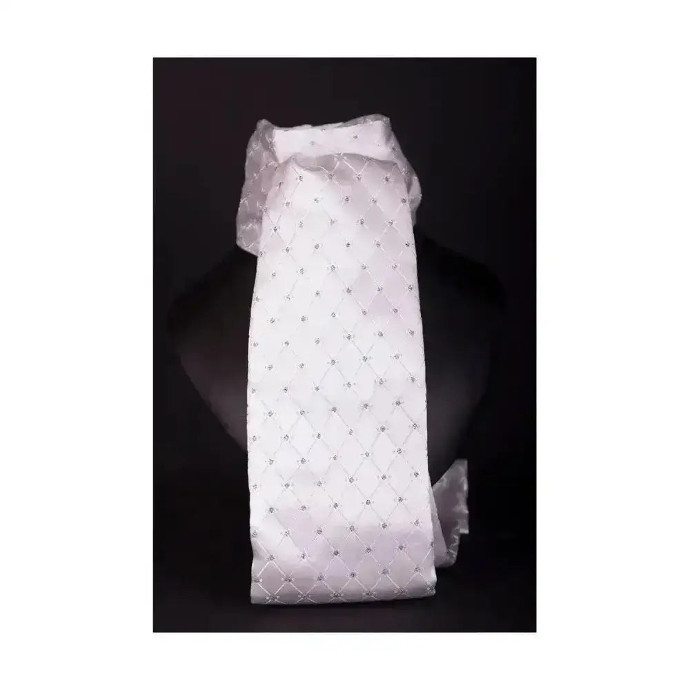 White quilted scarf with silver rhinestone accents and sheer overlay from showquest untied stock samlesbury with metallic weave