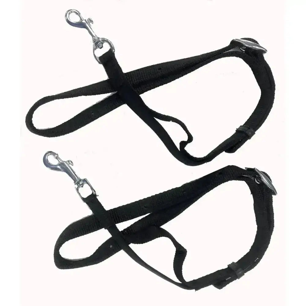 Black fabric side reins dog harnesses with silver spring clip, adjustable slide buckle, and elasticated section