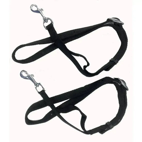 Black fabric side reins dog harnesses with silver spring clip, adjustable slide buckle, and elasticated section