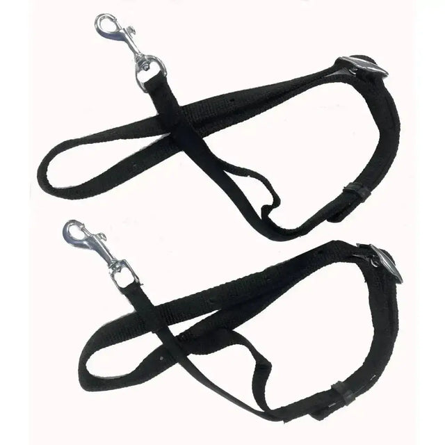 Black fabric side reins dog harnesses with silver spring clip, adjustable slide buckle, and elasticated section