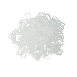 A tangled pile of translucent white silicone plaiting bands perfect for easy plaiting in plaiting bands packs