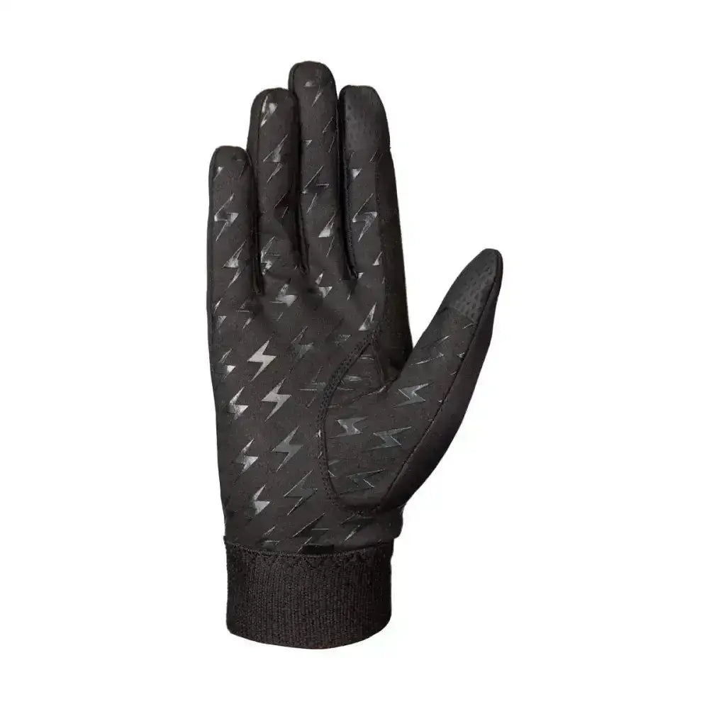 Black silva flash riding gloves with silver lightning bolt pattern on touchscreen wind resistant fabric back side view