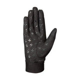Black silva flash riding gloves with silver lightning bolt pattern on touchscreen wind resistant fabric back side view