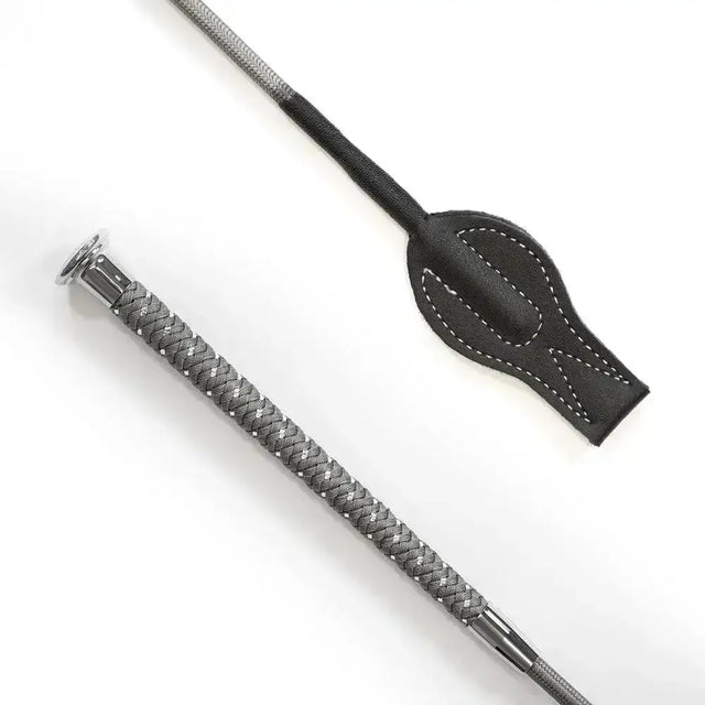 Gray braided junior whip silver with black leather head and silver ferrules perfect as a silver braided junior whip