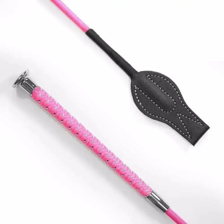 Silver braided junior whip hot pink with braided leather, black padded head, and silver metal ferrules for riding use