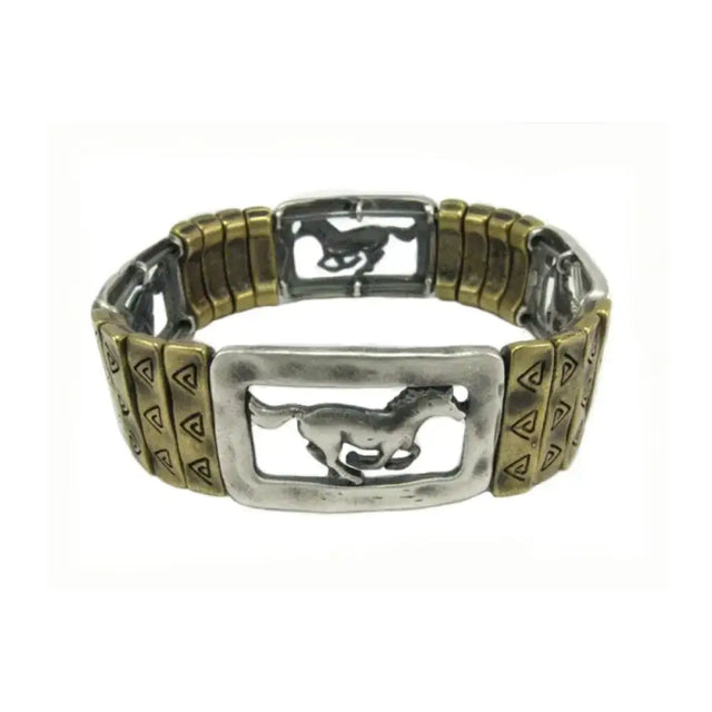 Silver and brass shaded horse bracelet with a two-tone metal band and embossed galloping horse plate horse bracelet