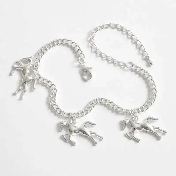 Silver effect horse themed bracelet with chain link design and three galloping horse riding themed charm pendants