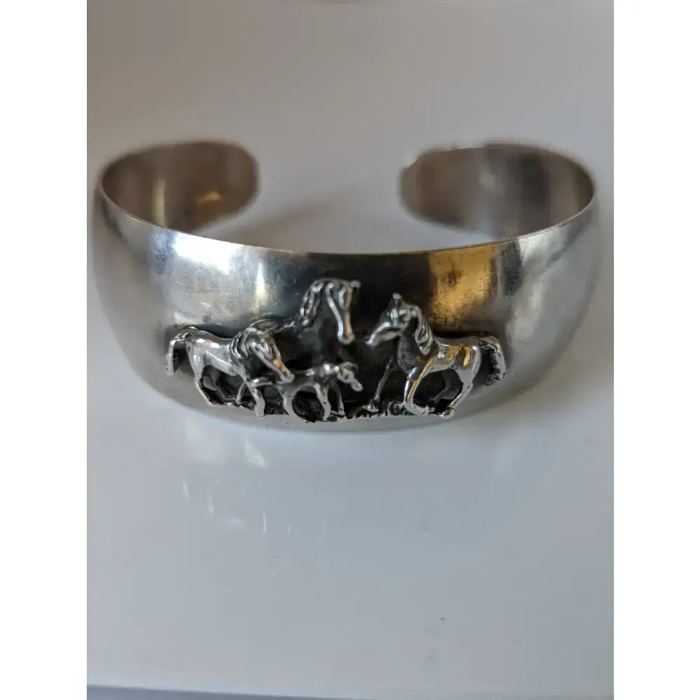 Silver steed silver cuff bracelet with detailed 3d relief of three horses in motion perfect equestrian jewelry herd bangle