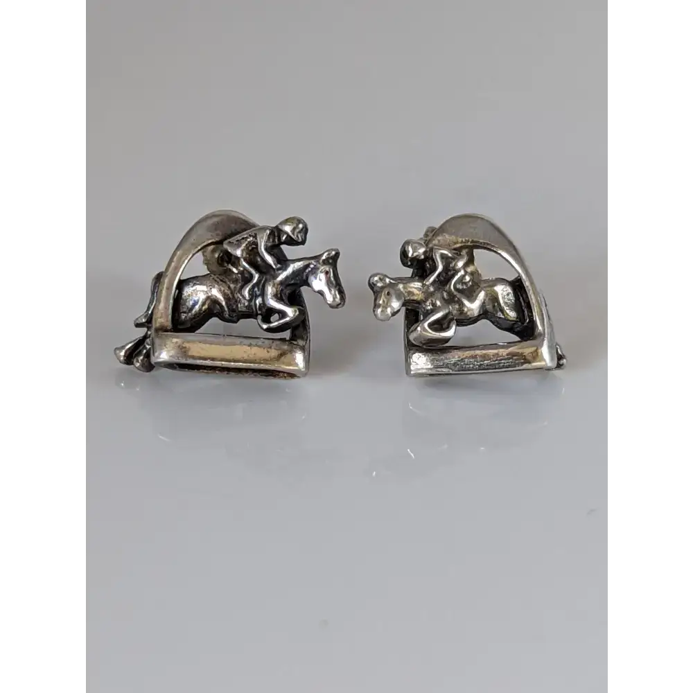 Silver Steed 3D Jump over the Stirrup Stud Earrings Earrings